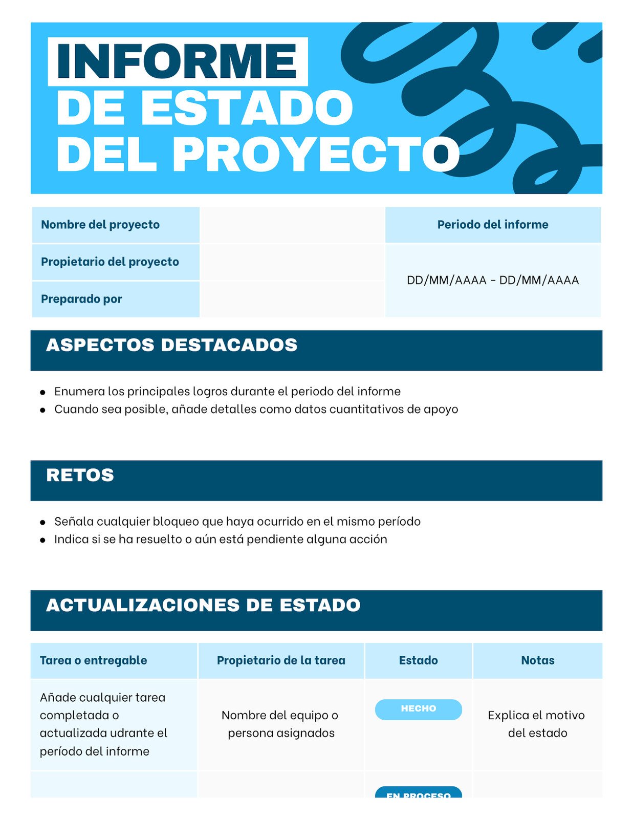 Doc Profesional de Informe de Estado del Proyecto en Azul Oscuro y Claro Estilo Abstracto Divertido