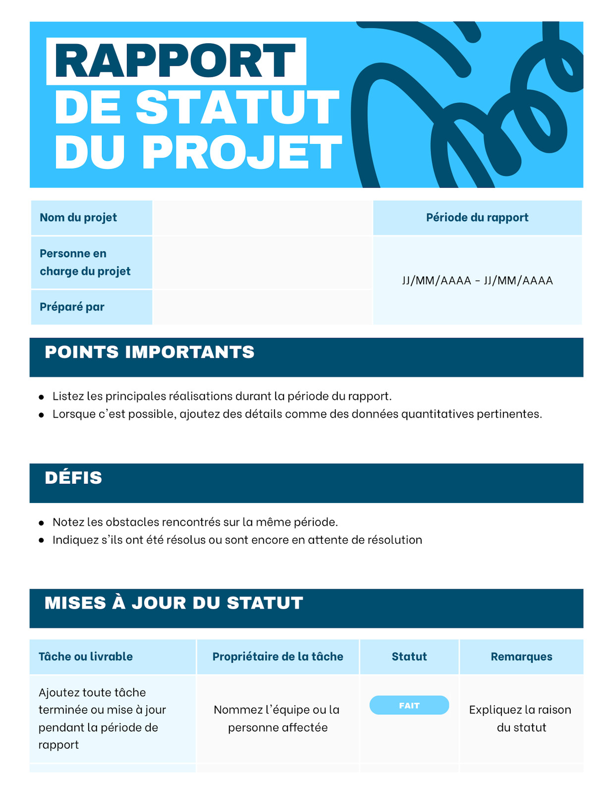 Doc Rapport sur l'état d'avancement du projet Professionnel Abstrait et Ludique en Bleu Foncé et Bleu Clair 