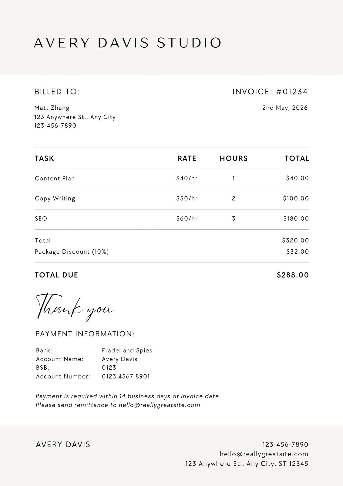 Gray Black White Minimalist Elegant Freelancer Invoice