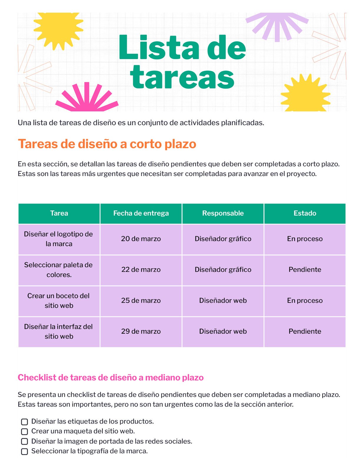 Doc lista de tareas de diseño creativo profesional verde naranja