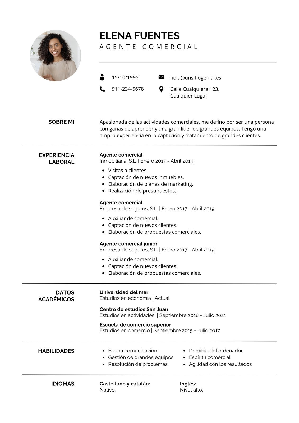 Currículum Agente comercial foto Simple Blanco