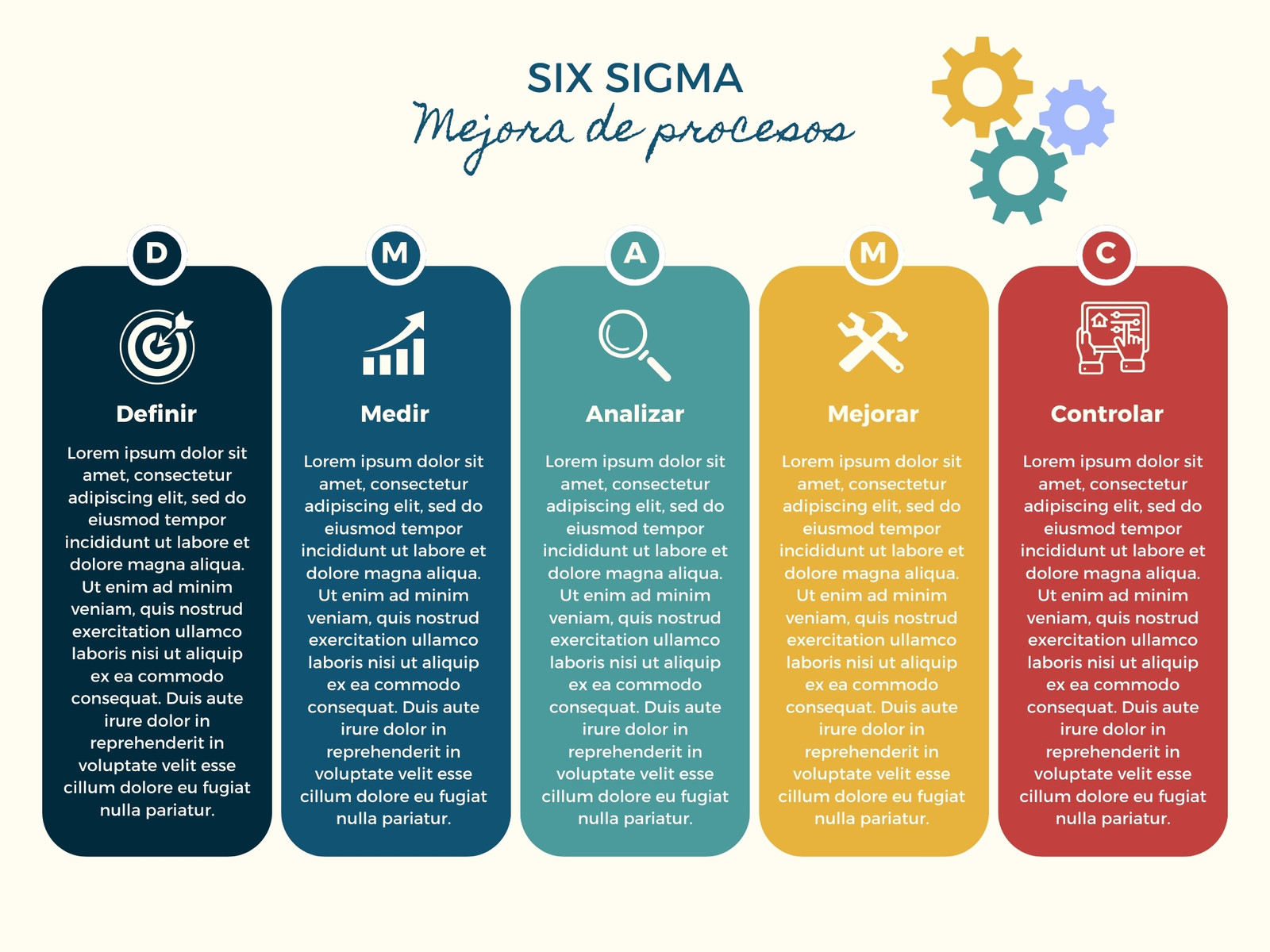 Gráfico ilustrativo seis sigma mejora de procesos corporativo multicolor