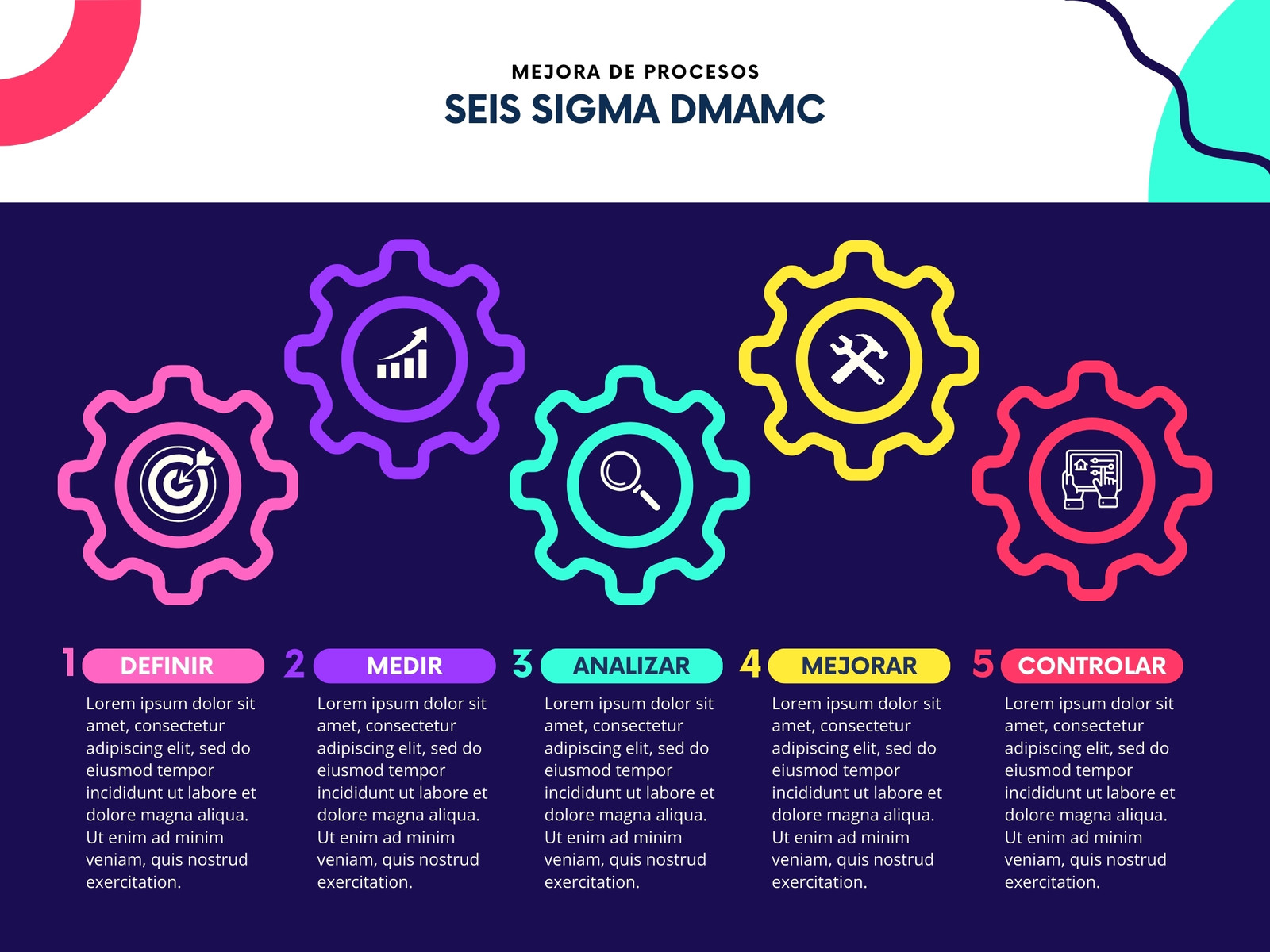 Gráfico Ilustrativo seis SIGMA mejora de procesos corporativo multicolor