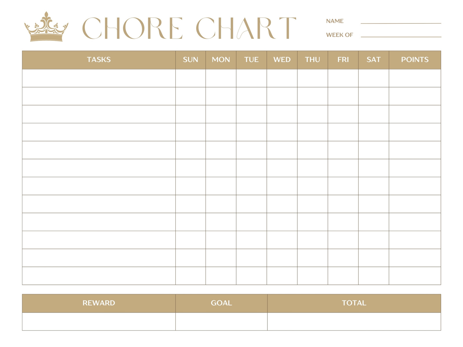 Gold Crown Minimalistic Daily Chore Chart
