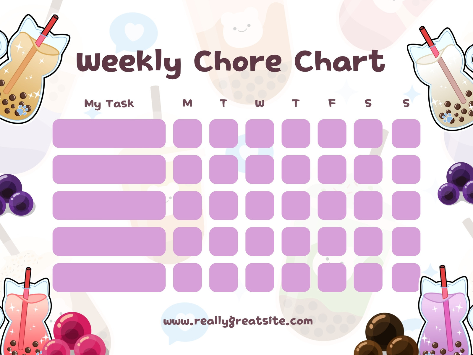 Purple And White illustrated Boba Drink Chore Chart