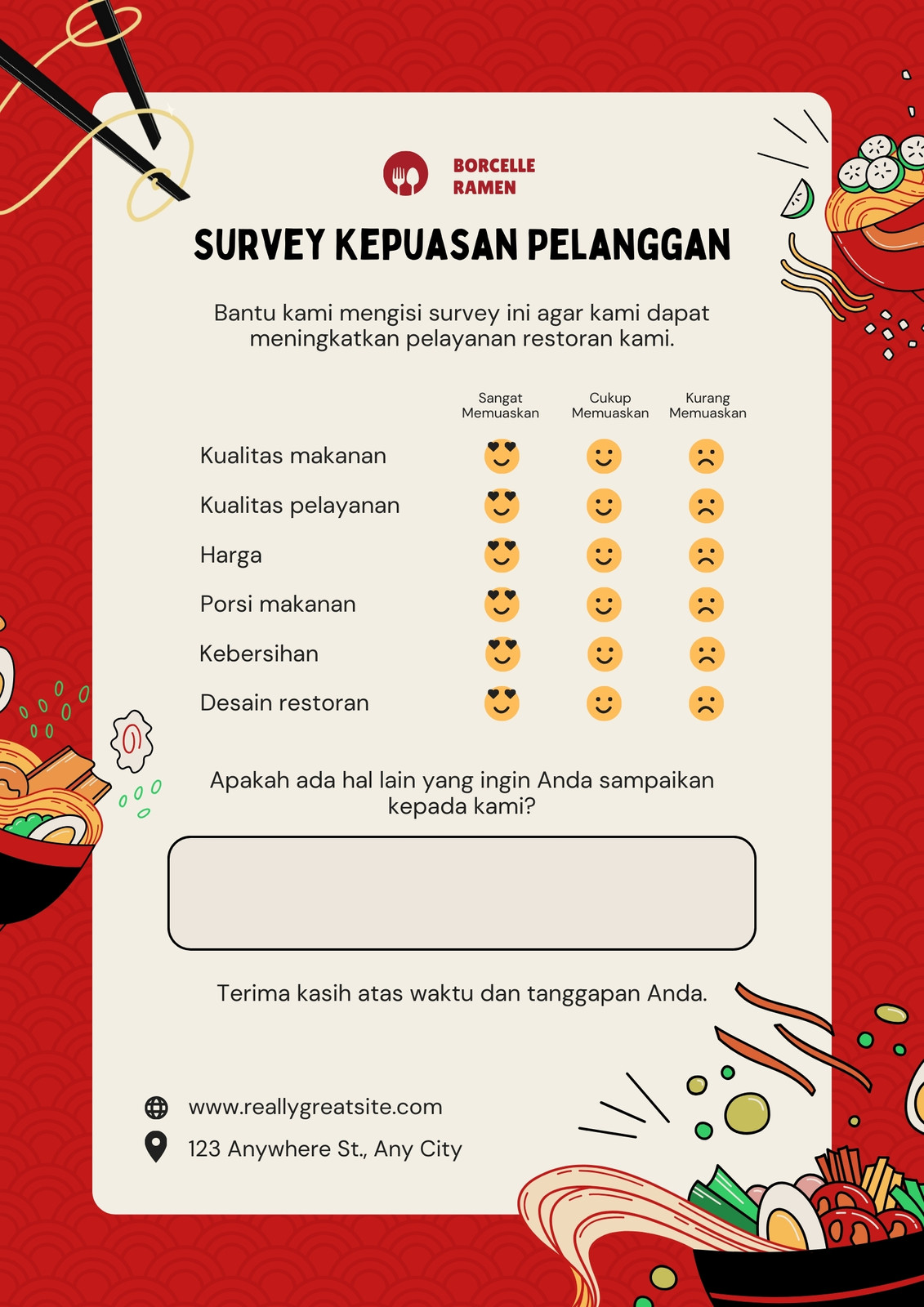 Merah Illustrasi Ramen Resto Survey Kepuasan Pelanggan Form Merah Illustrasi Ramen Resto Survey Kepuasan Pelanggan Form