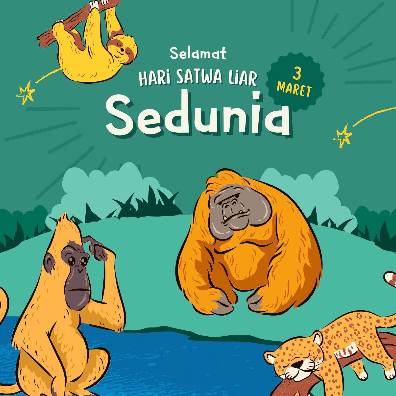 Bantal Persegi Ucapan Hari Satwa Liar Ilustratif Hijau