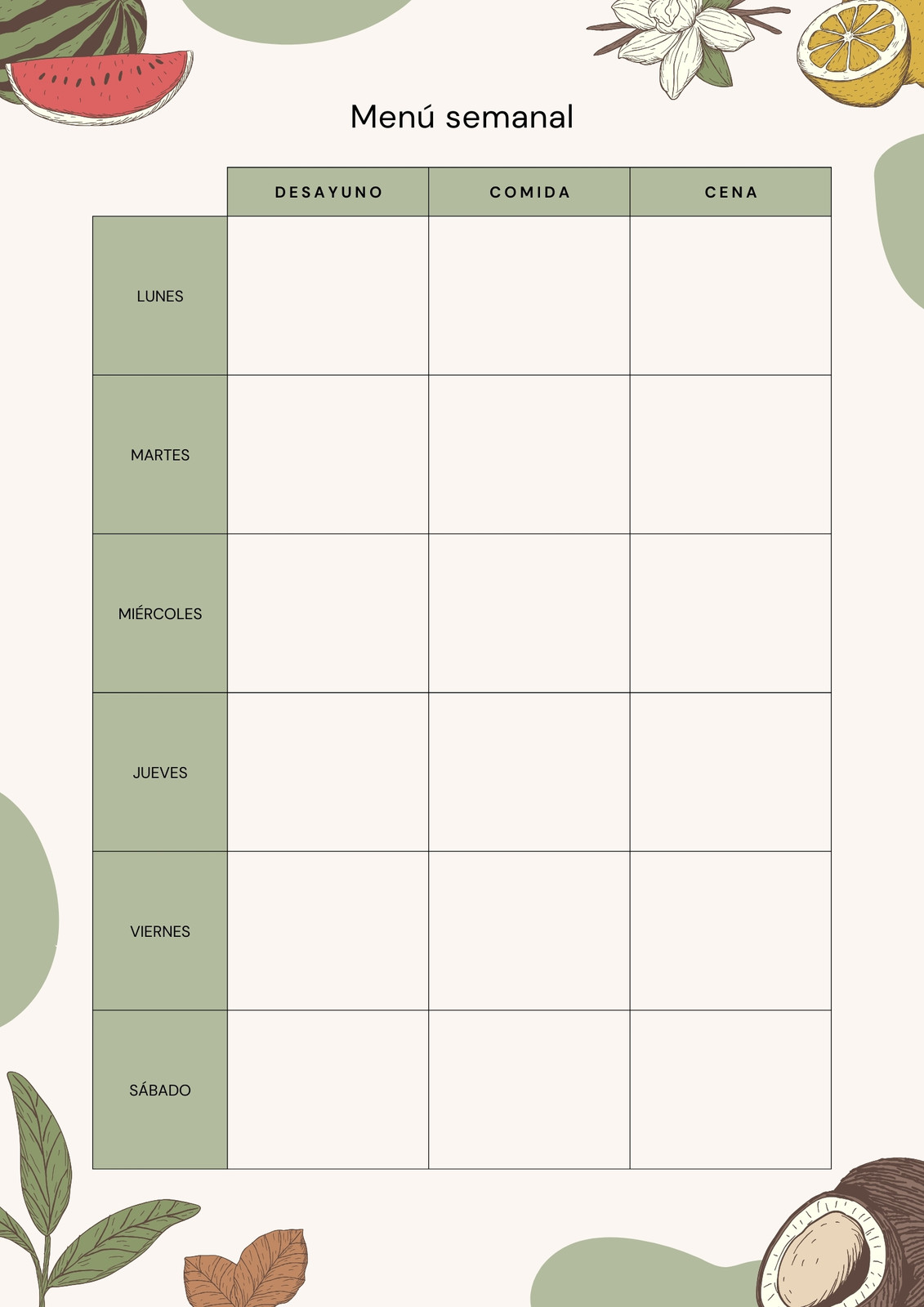 Agenda Menú Semanal Comida Minimalista Verde