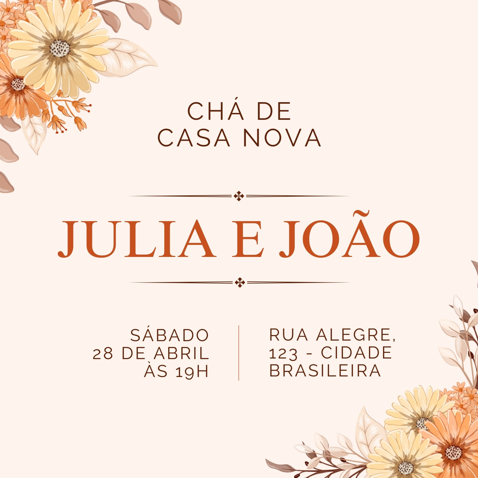Convite Virtual Chá de Casa Nova Florido Laranja e Bege