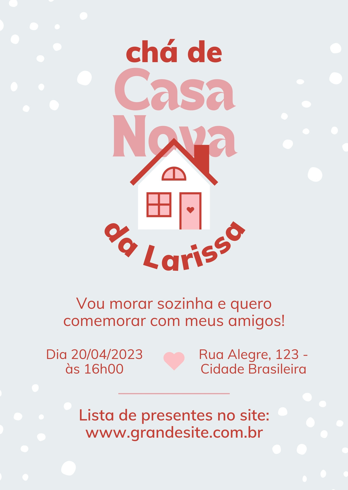 Convite Virtual Chá de Casa Nova Delicado Poá Rosa e Vermelho
