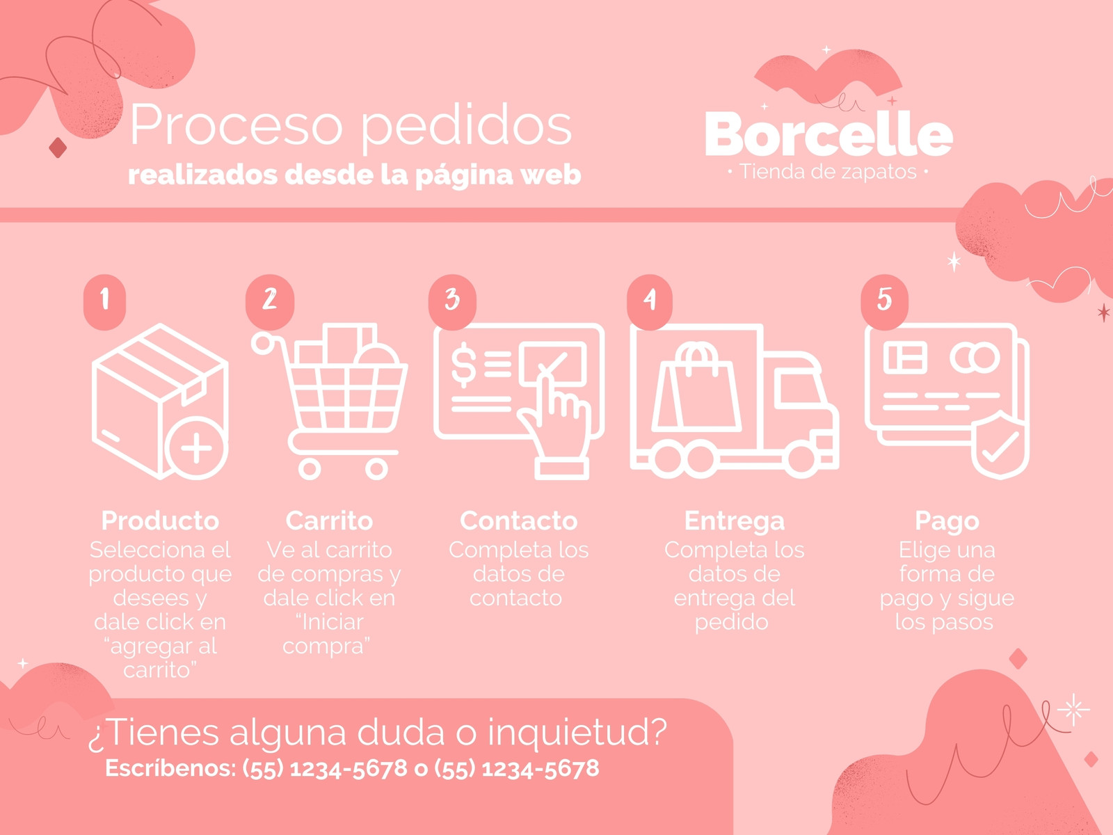 Gráfica diagrama de flujo proceso de compra femenino rosa