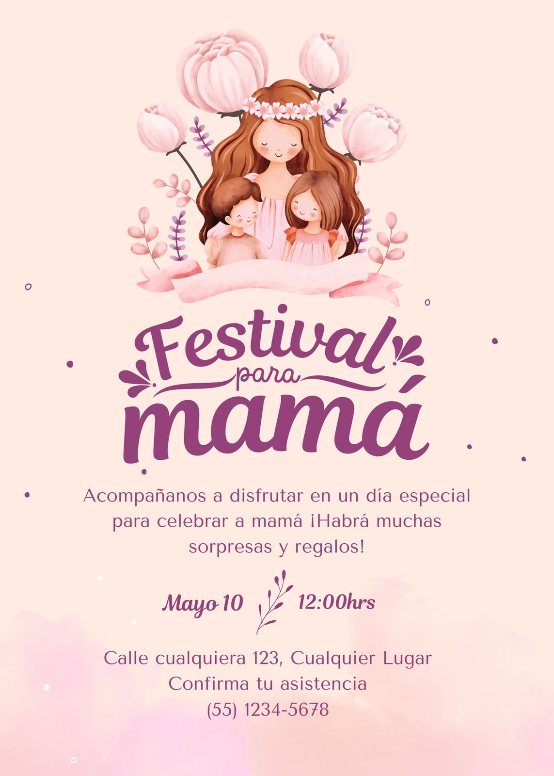 Invitación Festival Día de las Madres Acuarela Lila y Rosa Invitación Festival Día de las Madres Acuarela Lila y Rosa