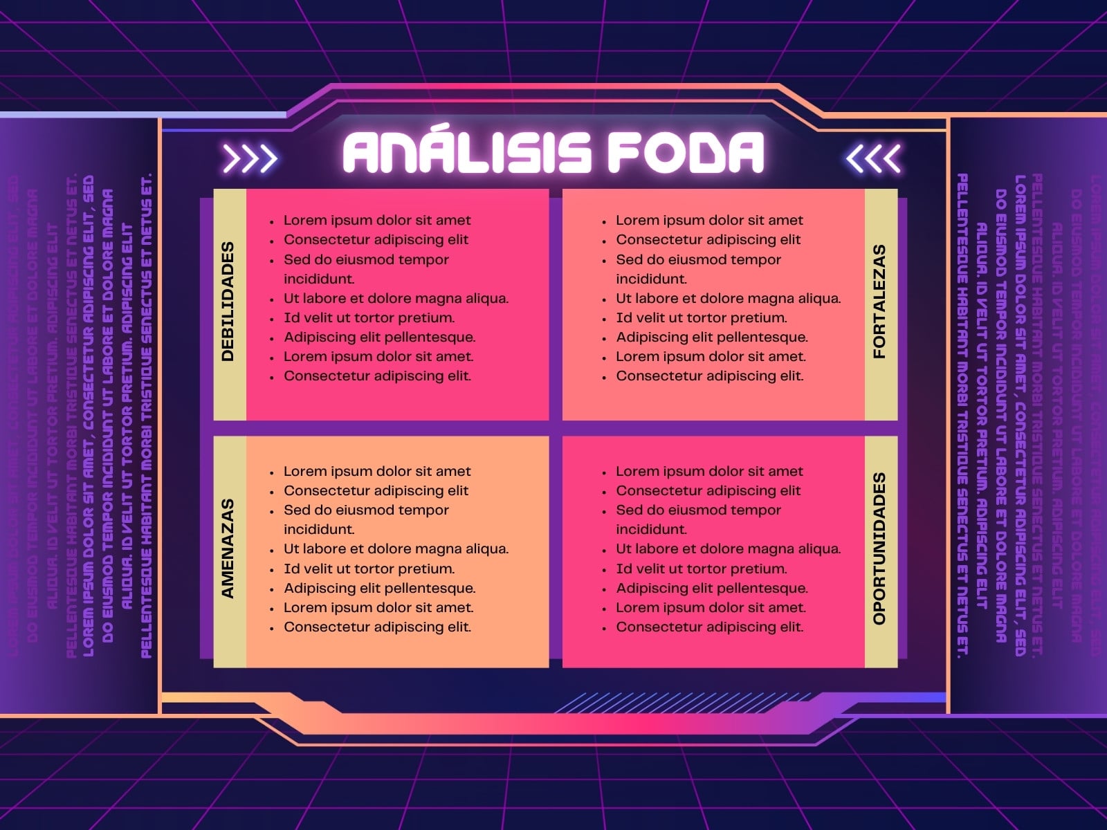 Análisis FODA - Diagrama FODA - Para diagnóstico, esquema, neón y morado - Matriz FODA