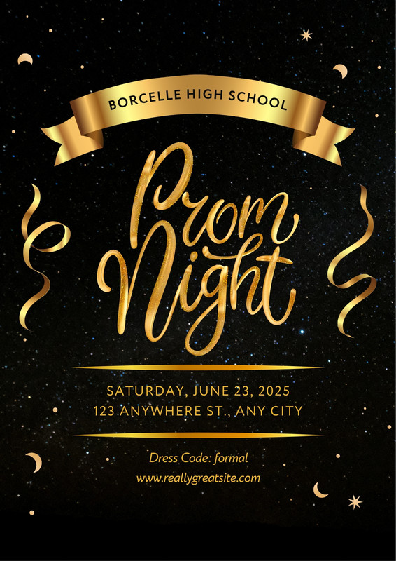 Luxury Classy Celebration Prom Night Party Poster Canva template, gold and black