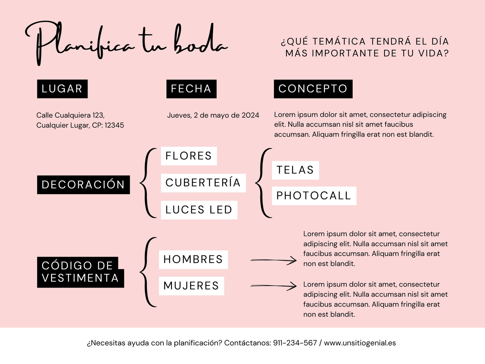 Gráfico Planificador Boda Elegante Rosa Negro