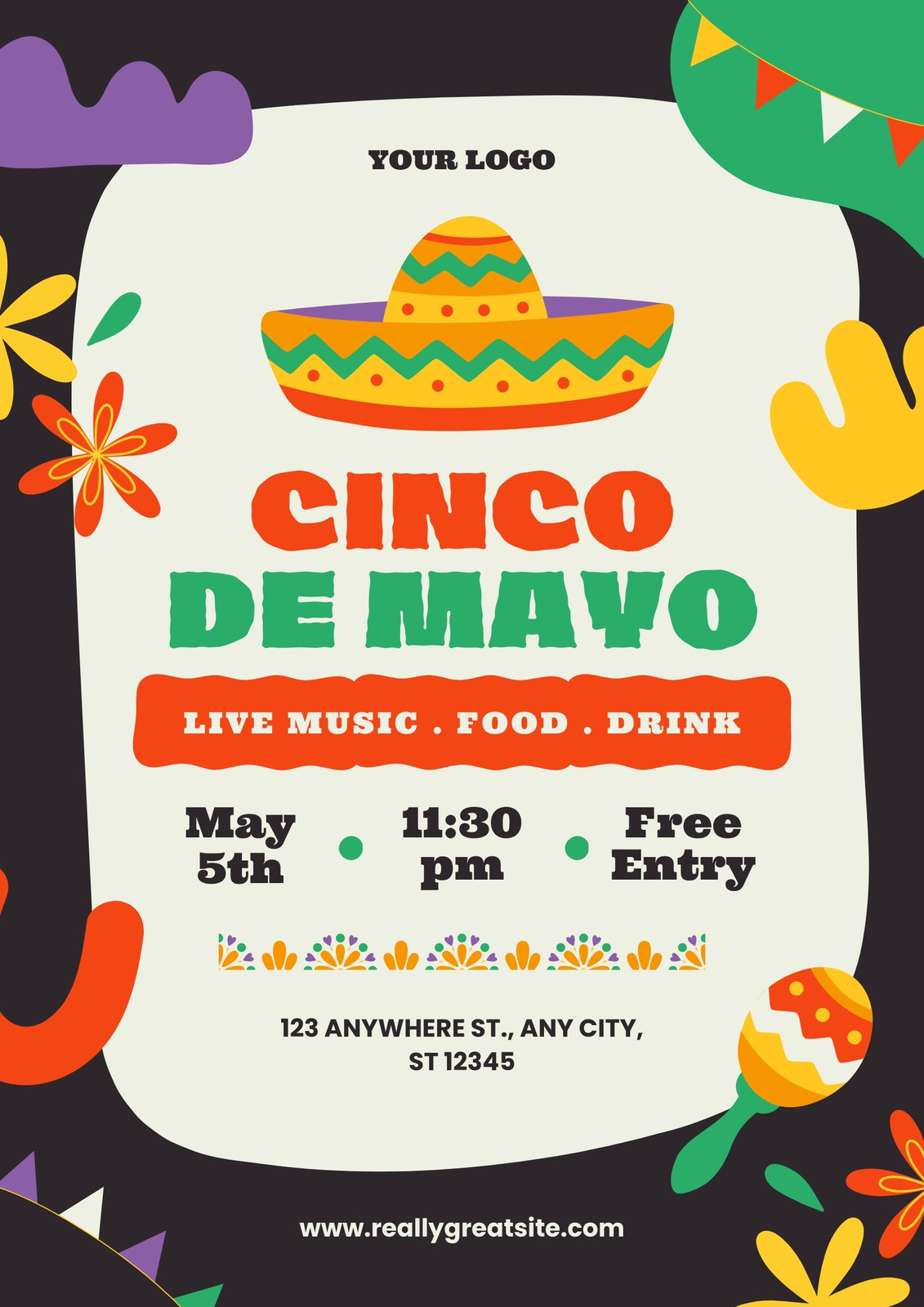 Orange and Green Playful Illustrative Cinco de Mayo Party Flyer