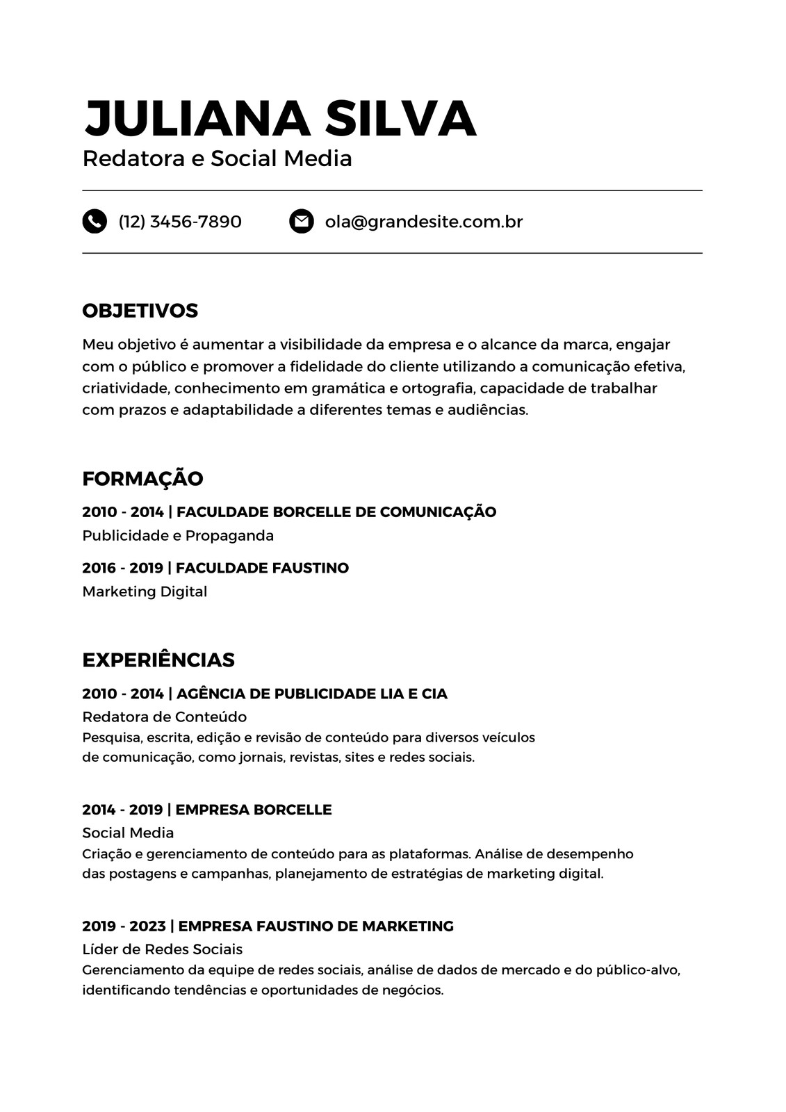 Currículo simples redatora e social media branco e preto