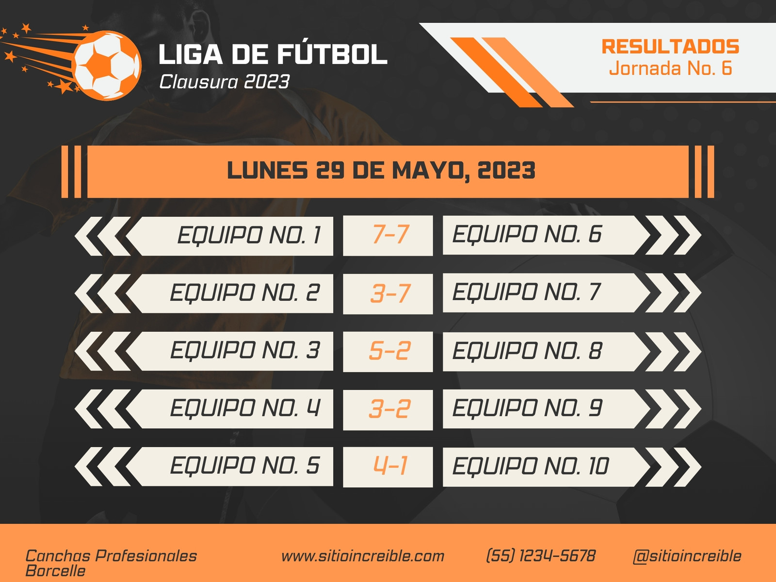 Gráfica Resultados de Jornada Fútbol Geométrica Naranja y Negro