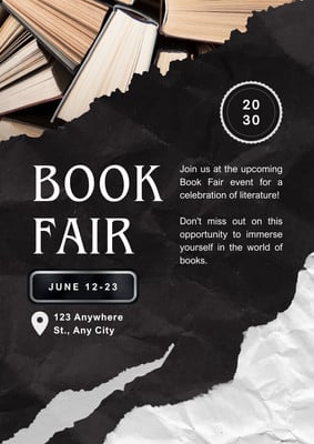 Modern Reading Event Book Fair Flyer Canva template, black and white