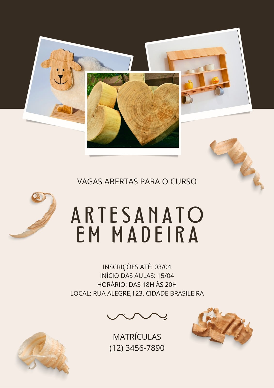 Cartaz curso artesanato em madeira com foto marrom e bege