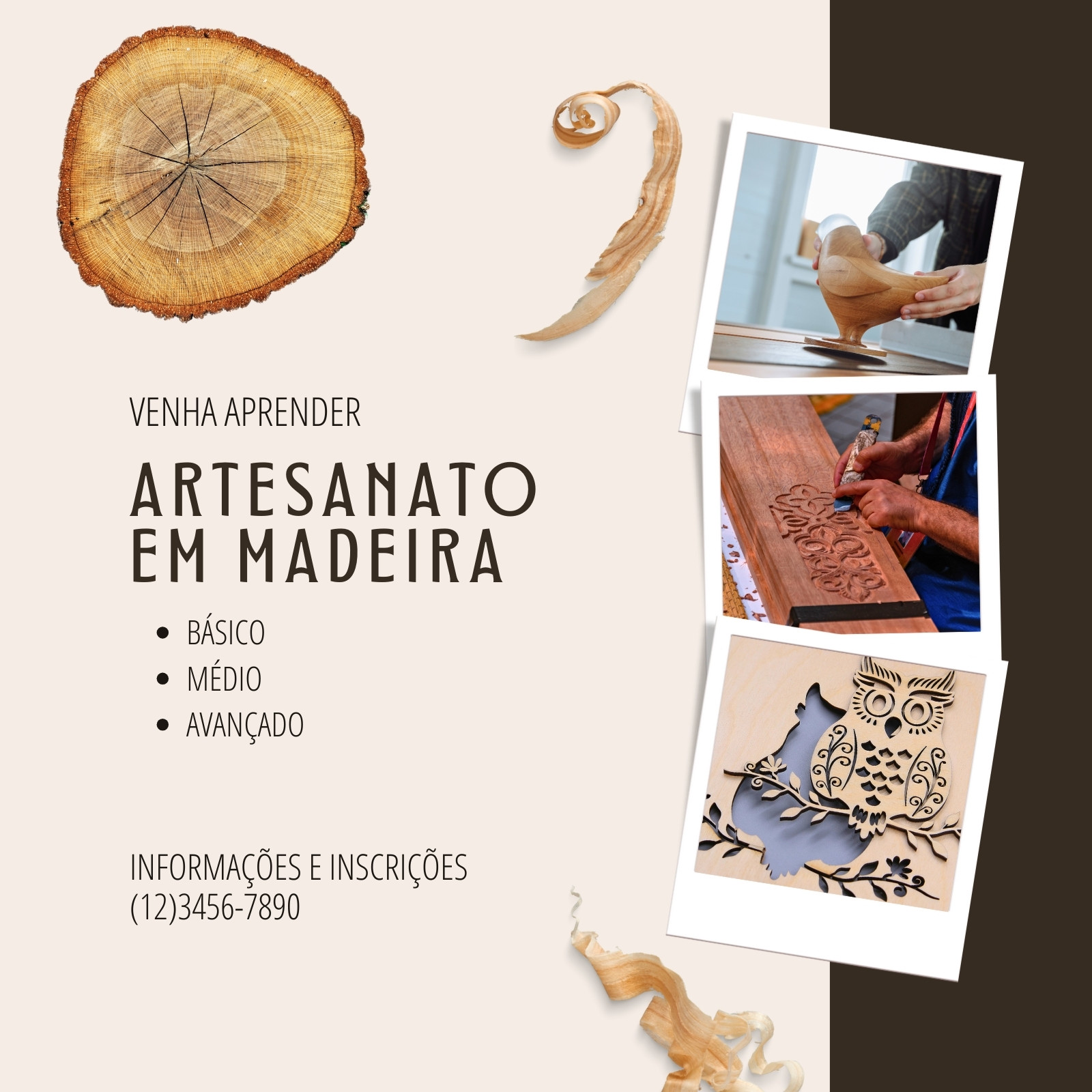 Post instagram curso artesanato em madeira marrom e bege