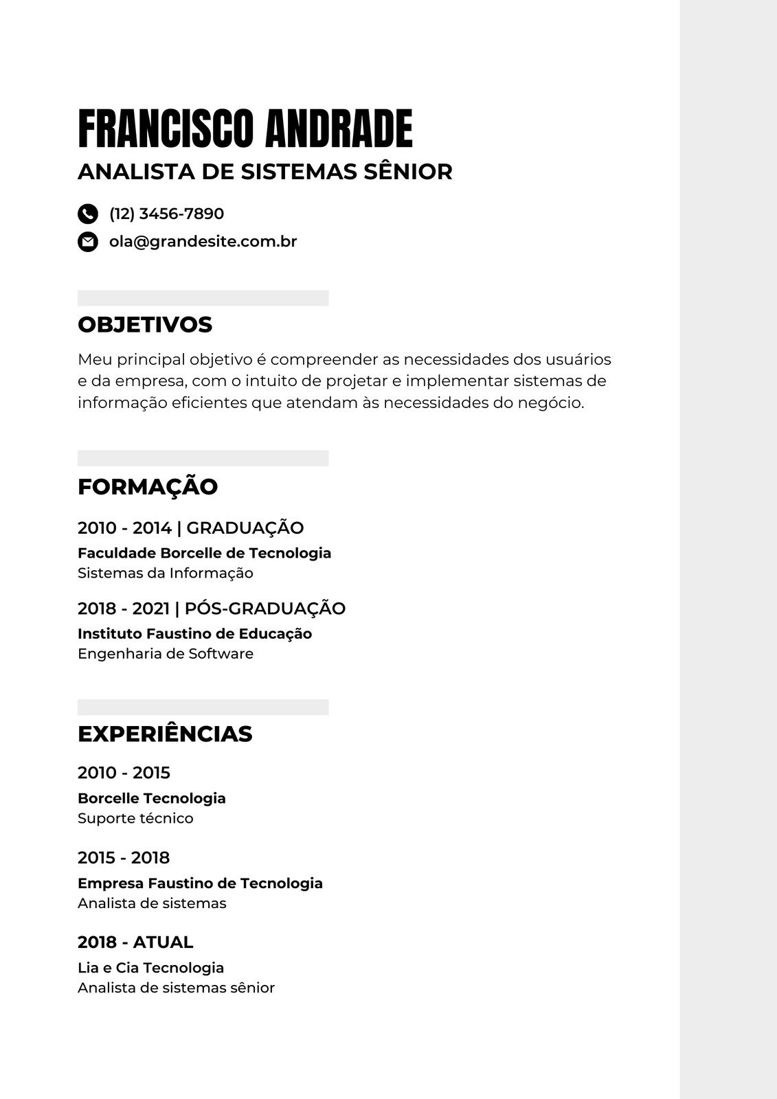 Currículo simples analista de sistemas preto e branco