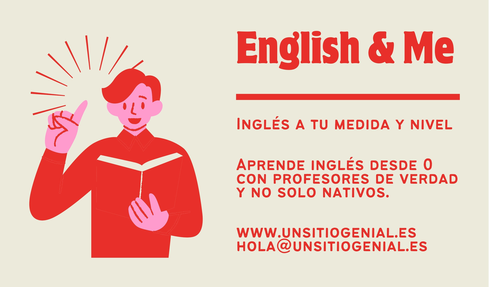 Tarjeta de Visita Vintage Ilustrada y Tipográfica en Rojo Beige y Rosado sobre Clases de Inglés