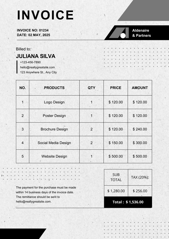 Modern Minimalist Professional Invoice Canva template, black and white