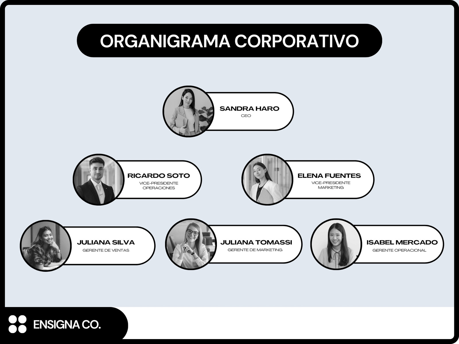 Gráfica Organigrama Corporativo Moderno Azul y Negro