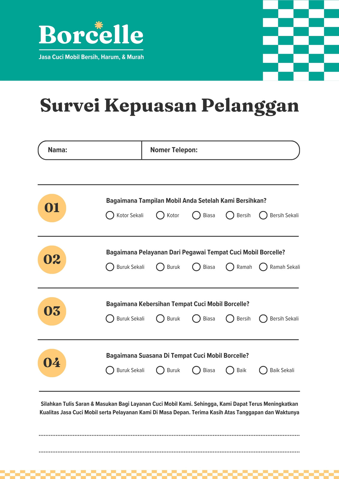 Putih Hijau Kuning Minimalis Formulir Survey Kepuasan Pelanggan