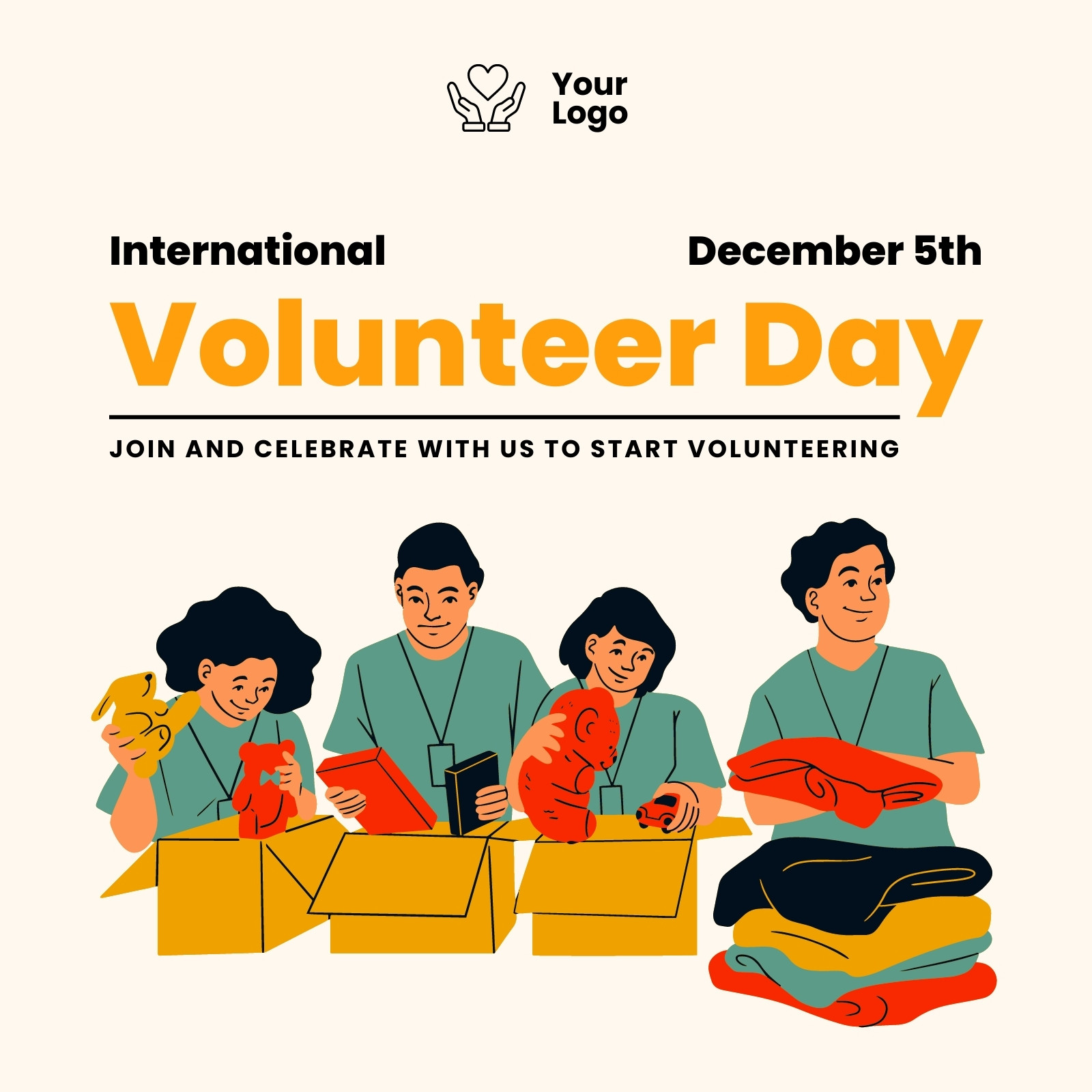 International Volunteer Day Social Media Post in Red Yellow 2D Illustration Style