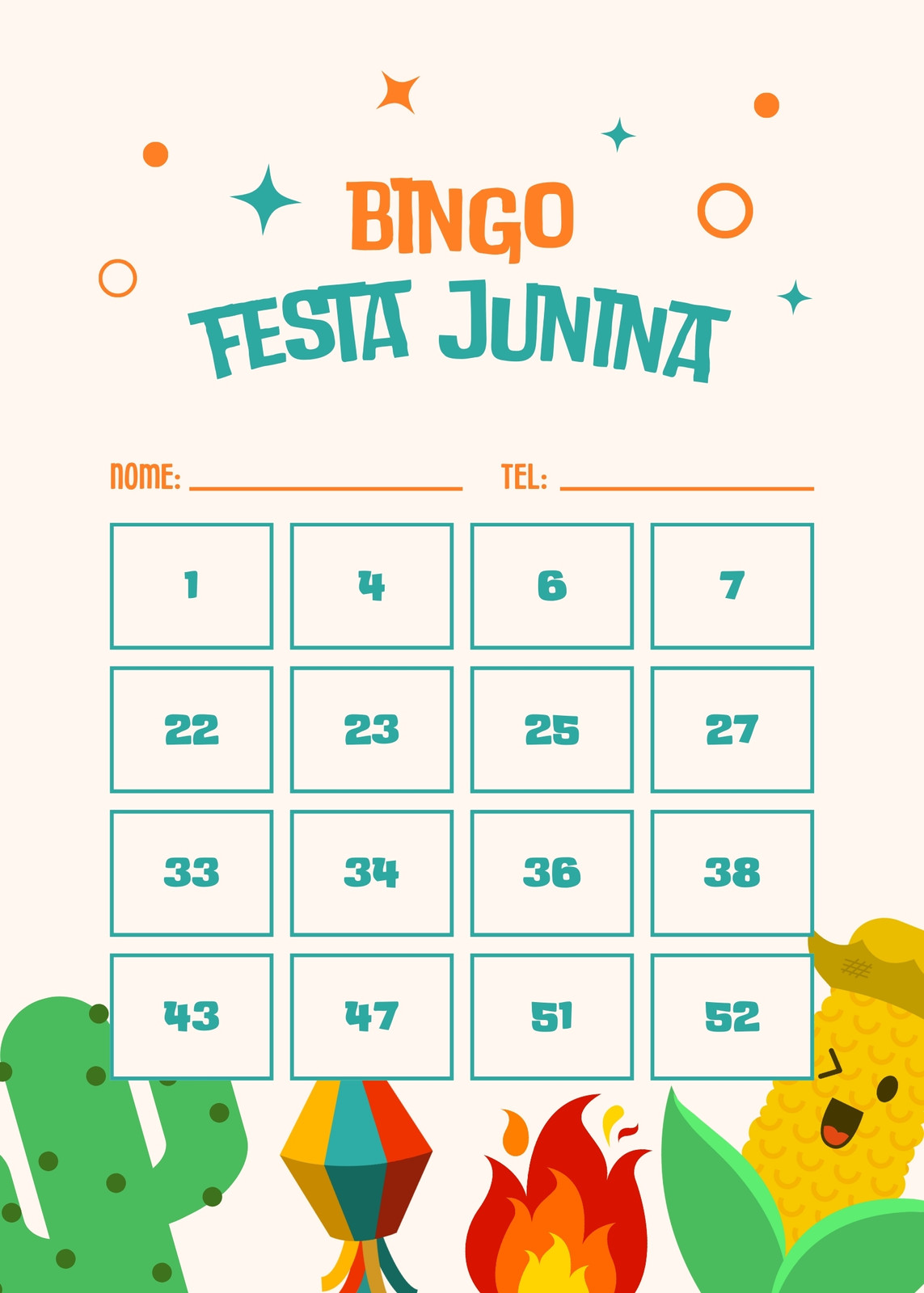 Cartela de bingo - Festa junina - Colorida, ilustrada, laranja e verde