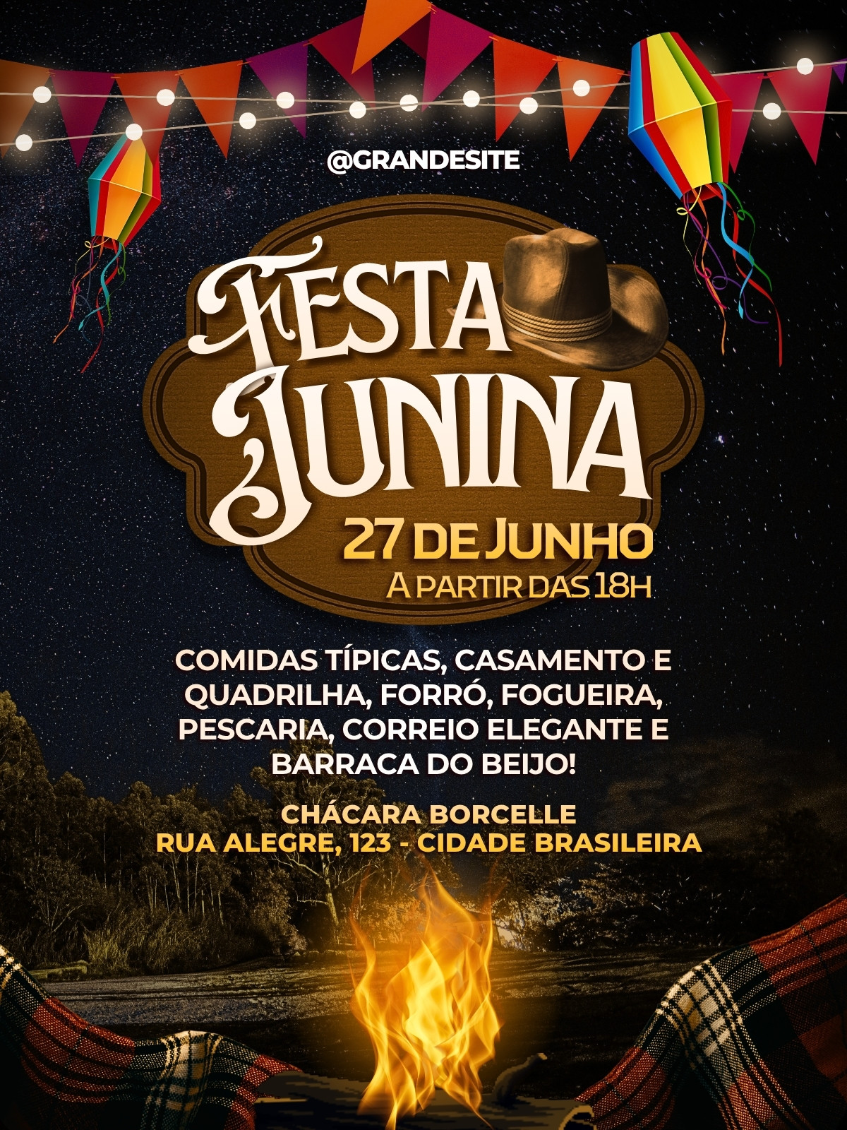 Post para Instagram Festa Junina Tradicional Azul e Marrom
