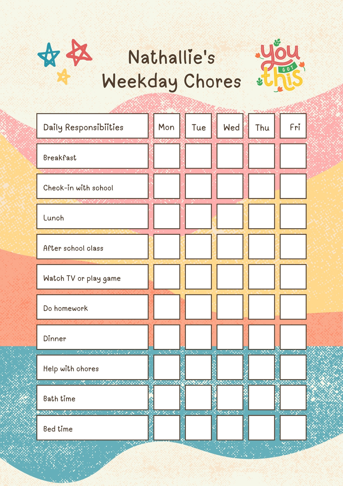 Creative Weekday Chore Chart for Kids in Colorful Cute Style