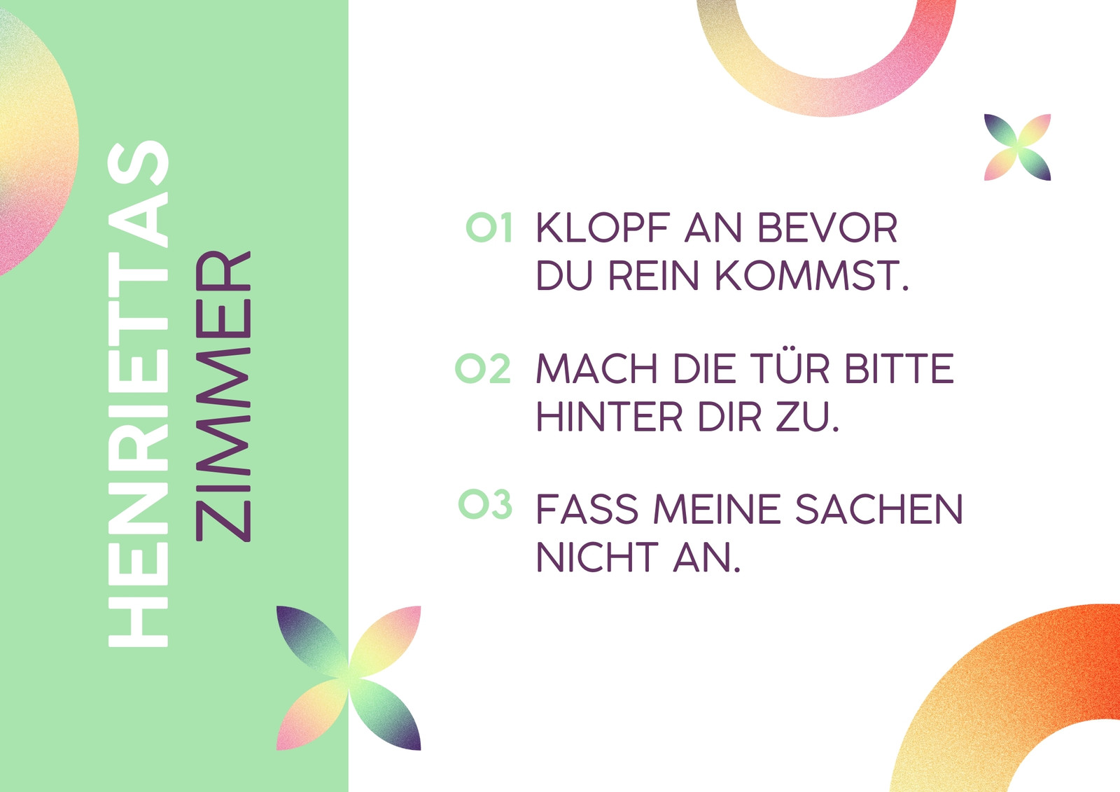 Zimmer Kind Teenager Schild Regeln A4 Querformat Geometrisch Grün Verlauf Zimmer Kind Teenager Schild Regeln A4 Querformat Geometrisch Grün Verlauf