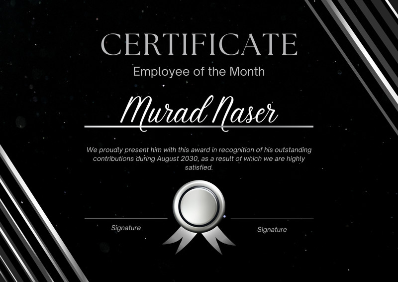 Modern Minimalist Employee of the Month Work Certificate Canva template, black and silver