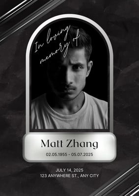 Minimalist Delicate Funeral Flyer Canva template, black and silver