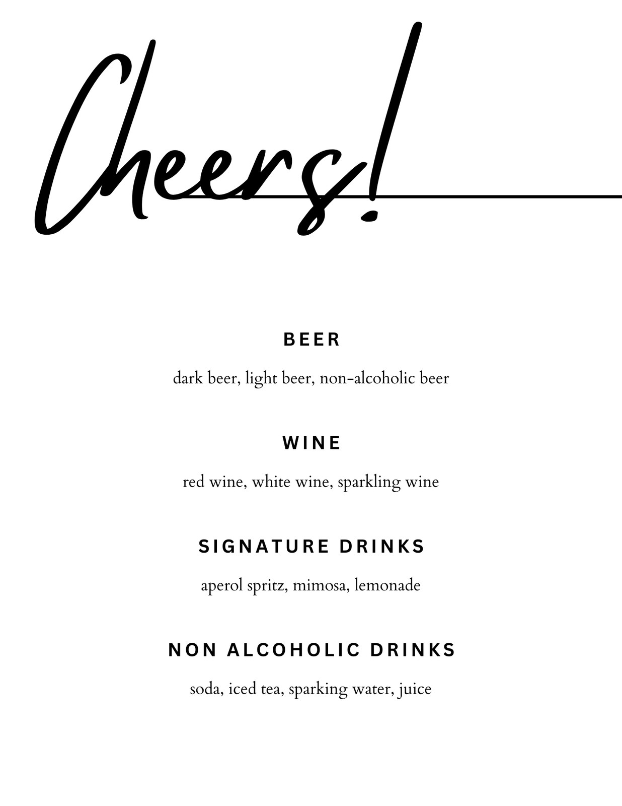 Black and White Drinks Menu