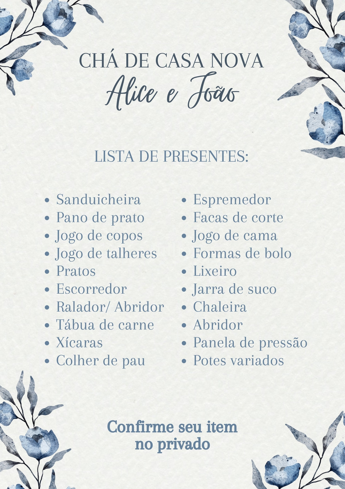 Documento A4 lista para chá de casa nova delicado floral moderno minimalista