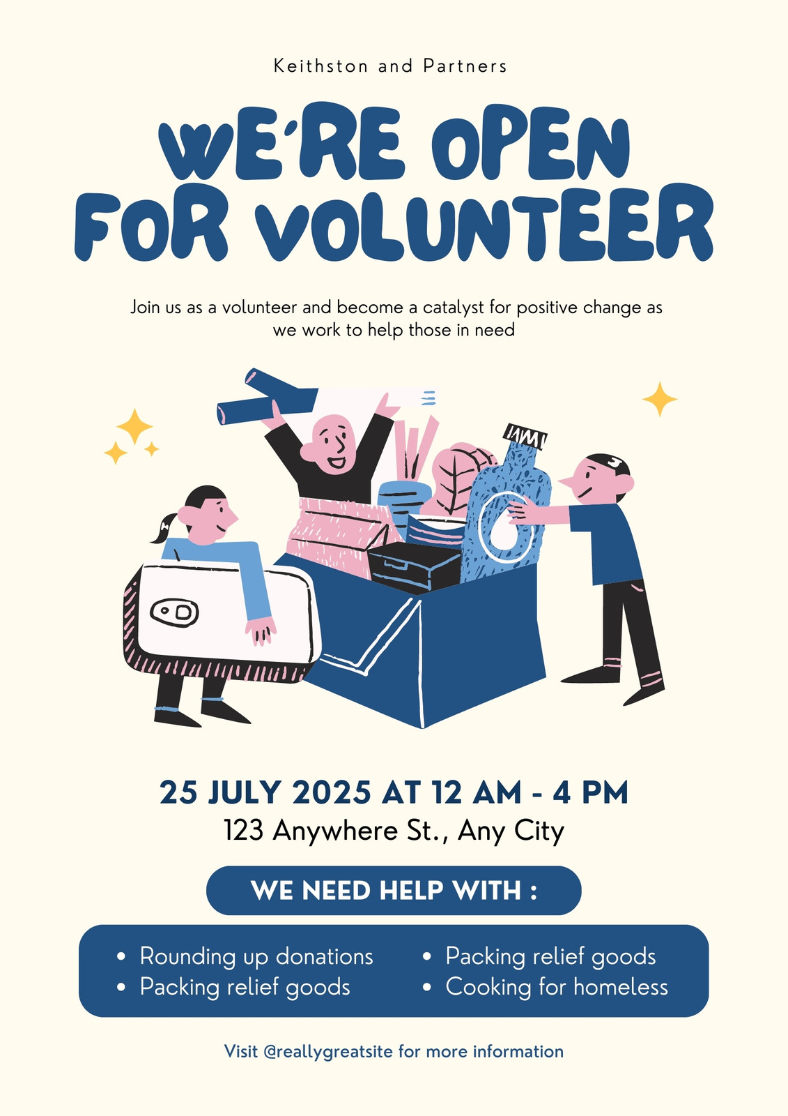 Blue and Cream Bold Illustrative Volunteer Event Flyer