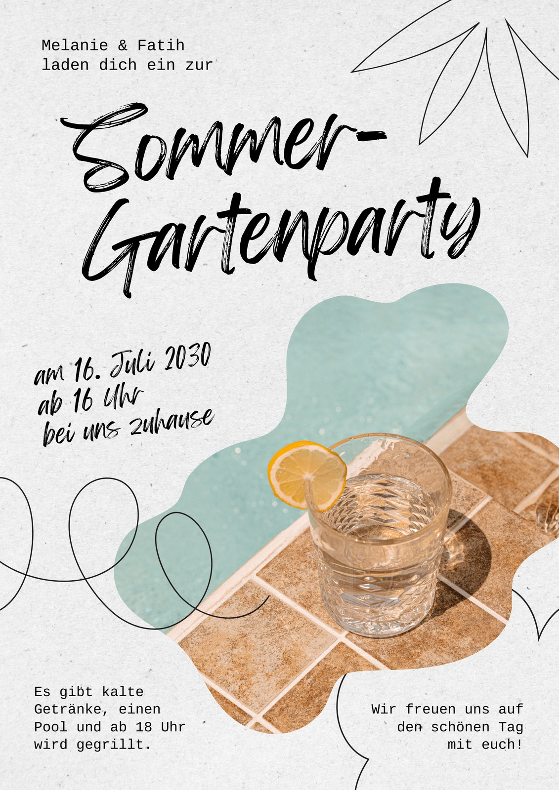 Verspielter Flyer in Handschrift-Optik mit Einladung zur Gartenparty in Hellgrau Hellblau Schwarz Verspielter Flyer in Handschrift-Optik mit Einladung zur Gartenparty in Hellgrau Hellblau Schwarz