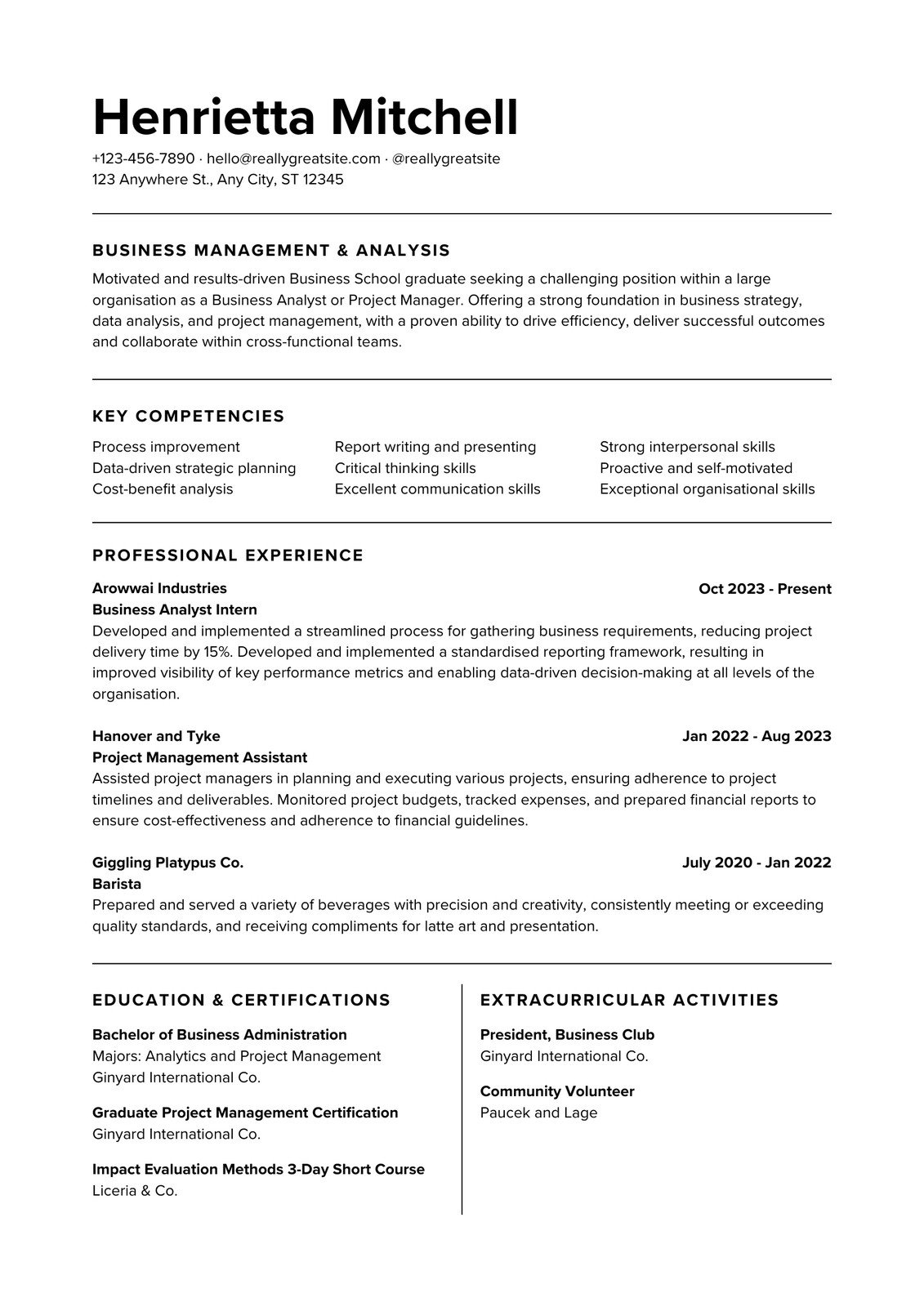 Black and White Simple Business School Graduate Corporate Resume