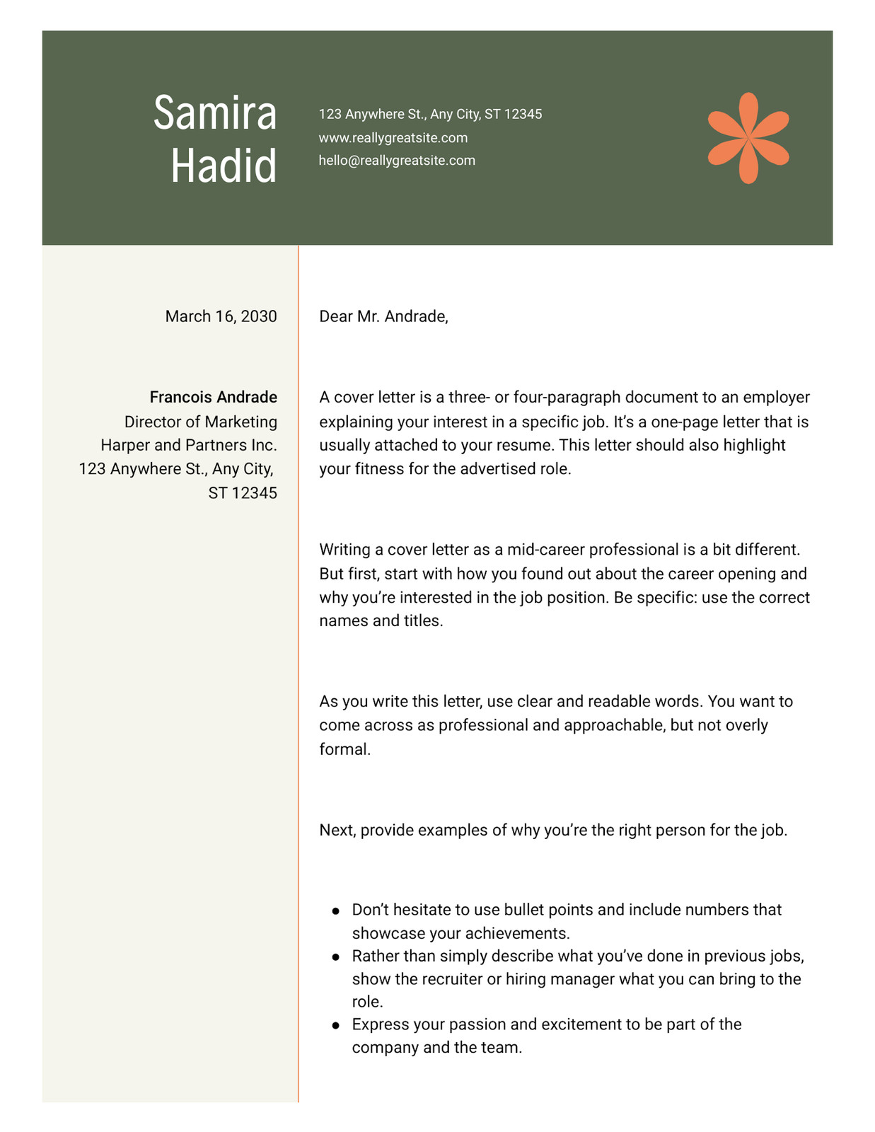 Cover Letter Doc in Dark Green Cream Orange Modern Style Cover Letter Doc in Dark Green Cream Orange Modern Style