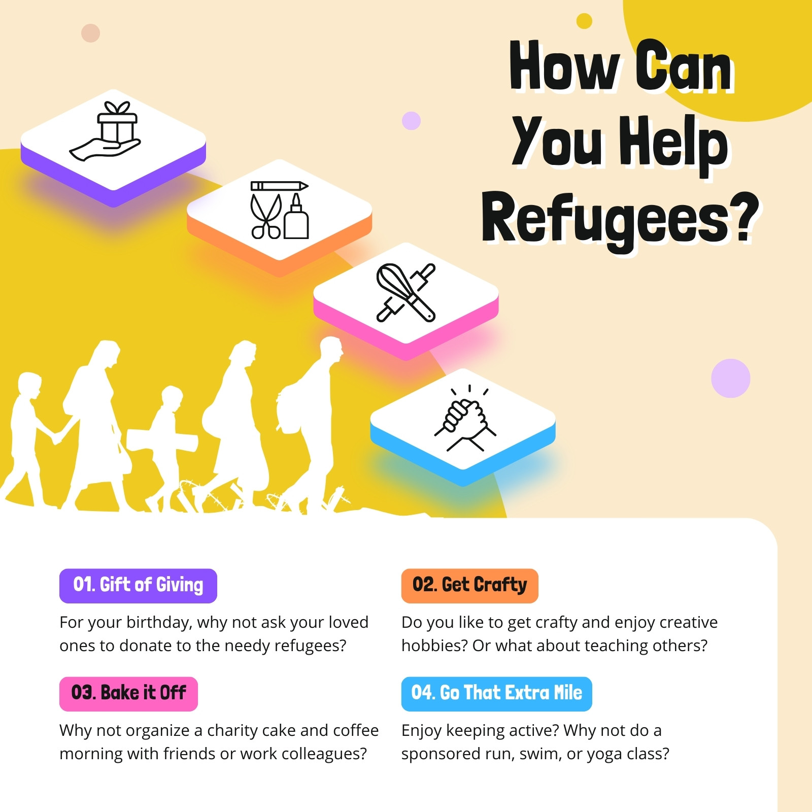 Yellow and Purple Illustration Help Refugees Infographic Instagram Post