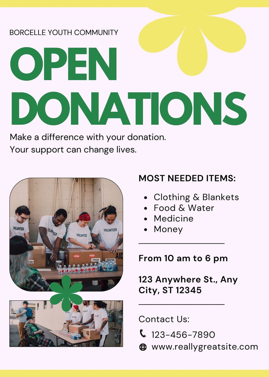 Yellow Green Modern Open Donations Flyer