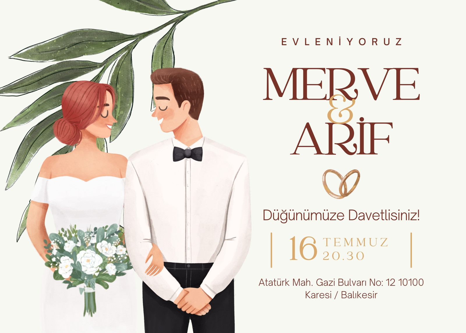 Krem ve Kahverengi Modern Yatay Düğün Davetiyesi