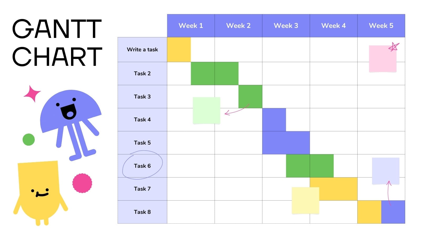 Gantt Chart Planning Whiteboard in Purple Green Yellow Cute Geometry Style