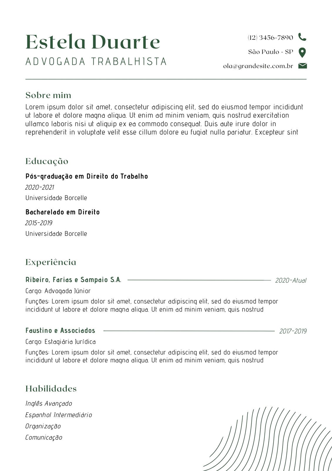 Currículo CV advogada corporativo minimalista clean branco e verde