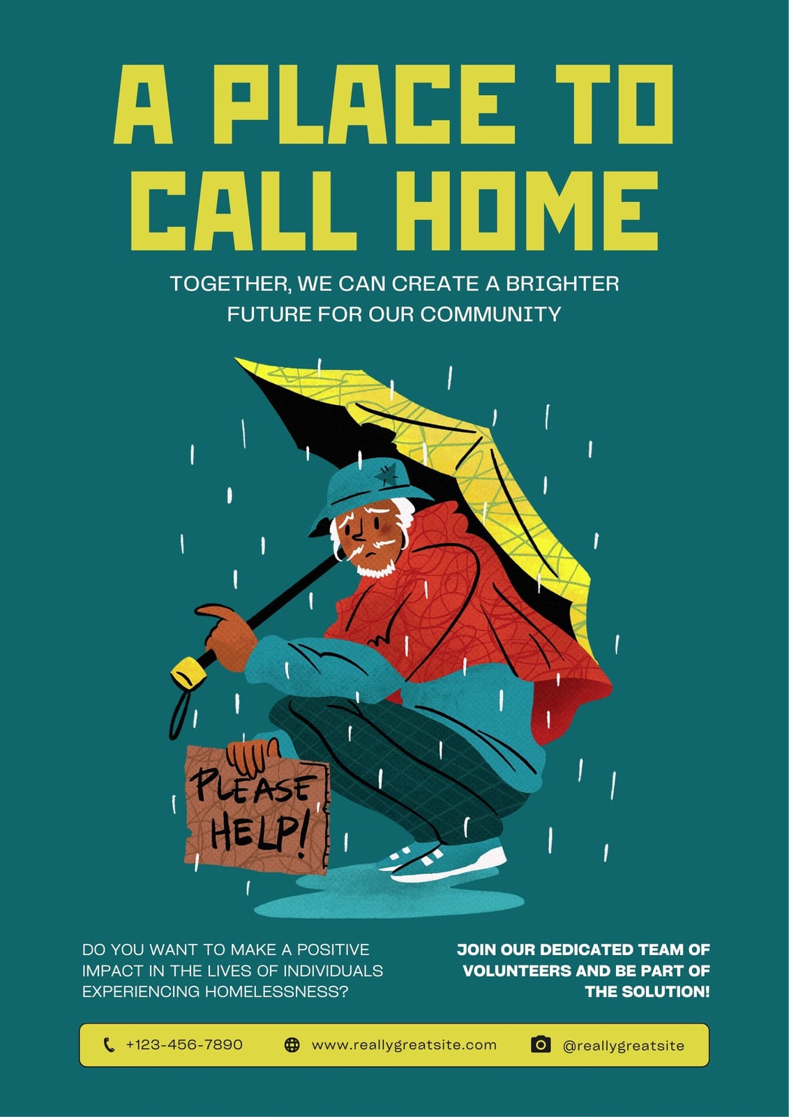 Dark Green and Yellow Illistration Homelessness Volunteer Poster
