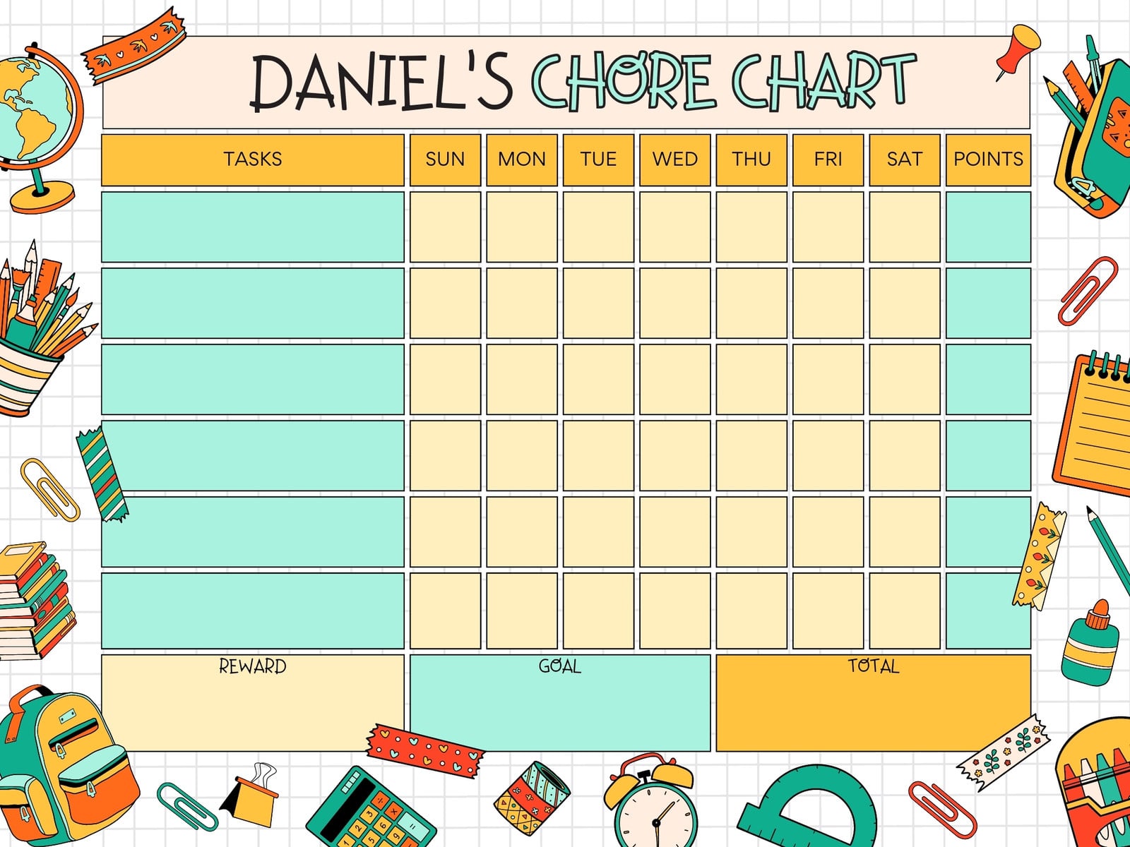 Blue Yellow Colorful Doodle Back to School Daily Chore Chart